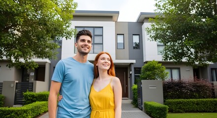 A man and a woman in front of their new house stand proudly, representing a mortgage or real estate purchase. Young couple dreams of homeownership and life partnership.