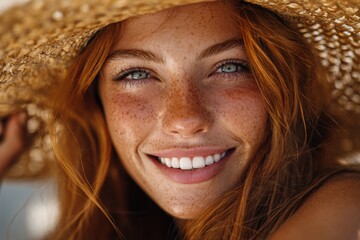Happy young woman with green eyes showing natural beauty and summer joy