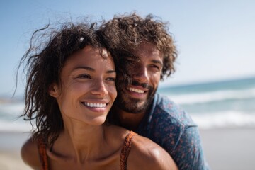 Smiling couple embracing on beach enjoying summer vacation together