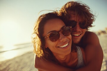 Smiling young couple enjoying summer vacation on sunny beach together