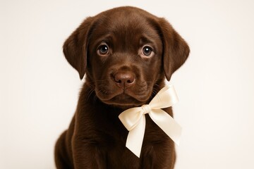 Adorable brown Labrador puppy gazing directly at you, male chocolate Labrador retriever portrait in studio setting