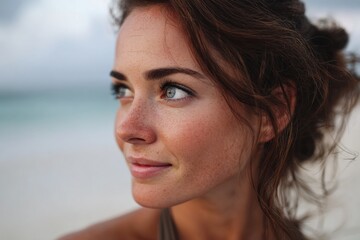 Serene young woman with natural freckles gazing at a peaceful ocean horizon