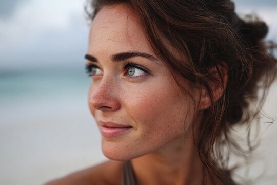 Serene young woman with natural freckles gazing at a peaceful ocean horizon - Powered by Adobe