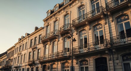 Fototapeta premium Golden Hour Elegance: Ornate Balconies and Facades of Historic European Buildings.