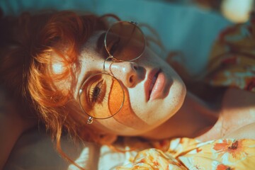 Red-haired woman enjoying warm summer sunlight, reflecting light through unique round eyewear