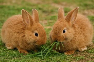 Soft brown rabbits grazing on lush grass