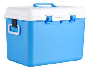 Cold storage box for vaccine and clinical trial medicines with secure locks and handle, isolated on transparent background PNG