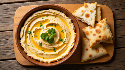 The bowl is filled with a creamy, white substance, likely hummus, and is surrounded by a few pieces of bread