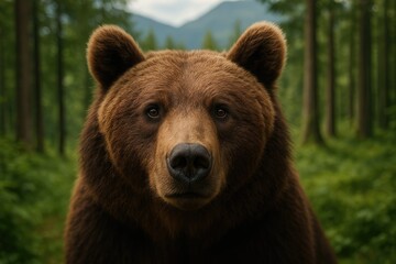 Close-up of a brown bear's face amid woodland, emphasizing its eyes