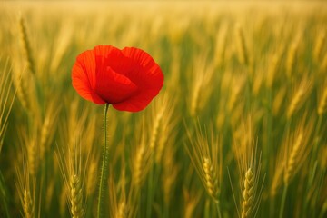 Obraz premium Vivid crimson poppy blooming amidst a vast cereal field