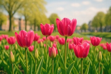 Obraz premium Vivid pink tulips blooming during springtime