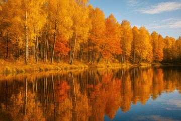 Fototapeta premium Vivid Fall Scene with Reflective Water and Blurred Focus