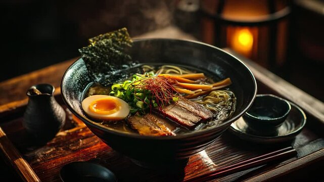 A steaming bowl of savory ramen, artfully arranged and ready to eat.