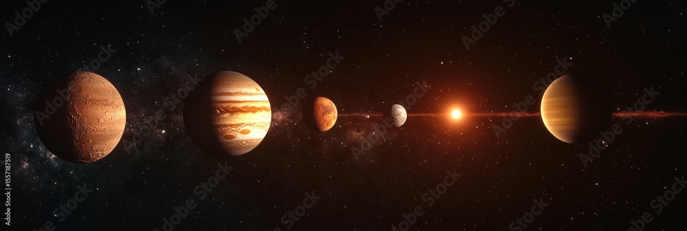 Poster Planets aligning in outer space, orbiting around a brilliant star, create a stunning cosmic vista filled with vibrant colors and celestial wonders