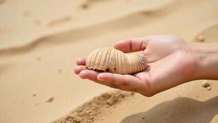 person holding a seashell in their hand on the beach, with the sand visible in the background.