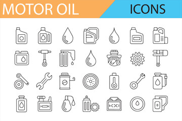 Motor Oil Icon Set for Automotive Maintenance and Repair Services - A collection of minimalistic icons depicting motor oil bottles, tools, pumps, and other essential symbols related to engine maintena