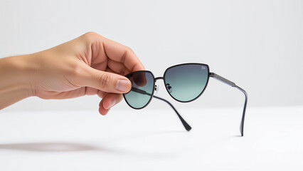 person holding a pair of sunglasses in their hand against a white background.