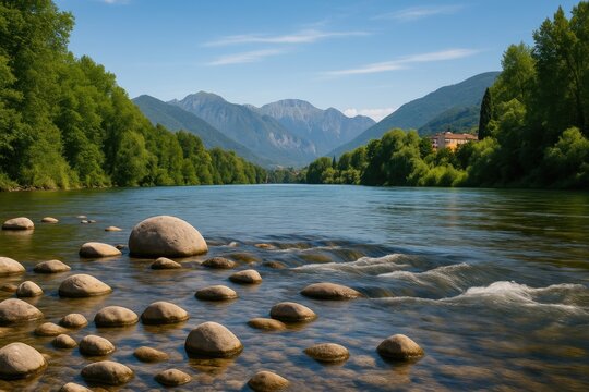 Scenic view of a mountain stream with rocky banks in a European alpine region