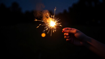 person holding a sparkler in their hand against a dark background. The sparkler is emitting a bright light, illuminating the darkness of the background.