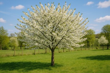 Springtime in a countryside garden with blooming cherry trees