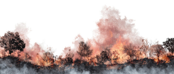 Wildfire smoke and flames in the forest.