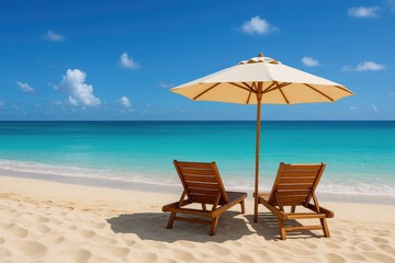 Fototapeta premium Seaside Relaxation with Chairs and Umbrella in a Tropical Destination