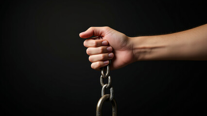person's hand gripping a metal chain against a black background.