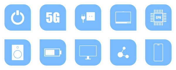 Technology Icons Set, Modern Technology Icons, Electronic Device Symbols Collection, Flat Digital Interface Icons on transparent background