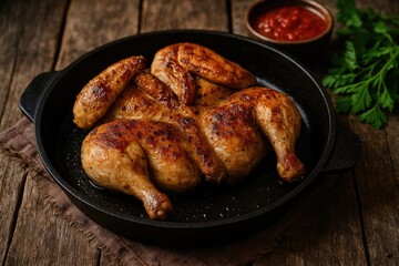 Fototapeta premium Rustic-style Chicken Tabaka: A Traditional Georgian Recipe with Focused Detail