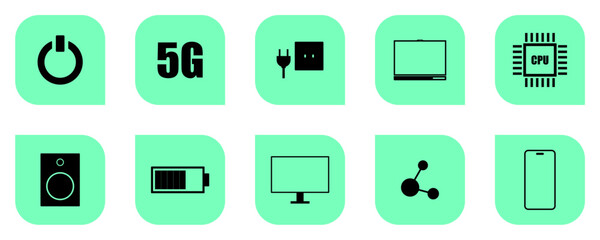 Technology Icons Set, Modern Technology Icons, Electronic Device Symbols Collection, Flat Digital Interface Icons on transparent background