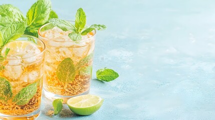 Fototapeta premium Iced tea mint lime drinks summer blue background