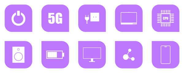 Technology Icons Set, Modern Technology Icons, Electronic Device Symbols Collection, Flat Digital Interface Icons on transparent background