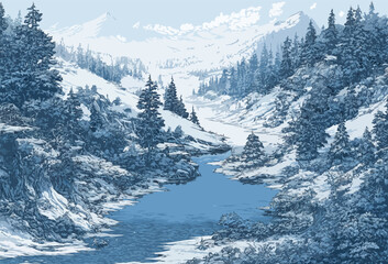 snow mountain and forest