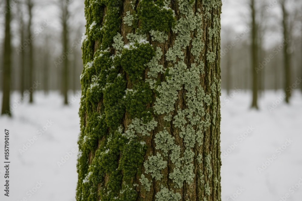 Poster winter scene of a tree covered with green moss and lichen in a forest
