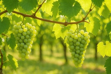 Vibrant green grape clusters draping from a vine amidst lush foliage
