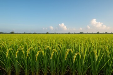 Morning scene with lush green paddy fields and clear blue sky, showcasing fresh rice crops