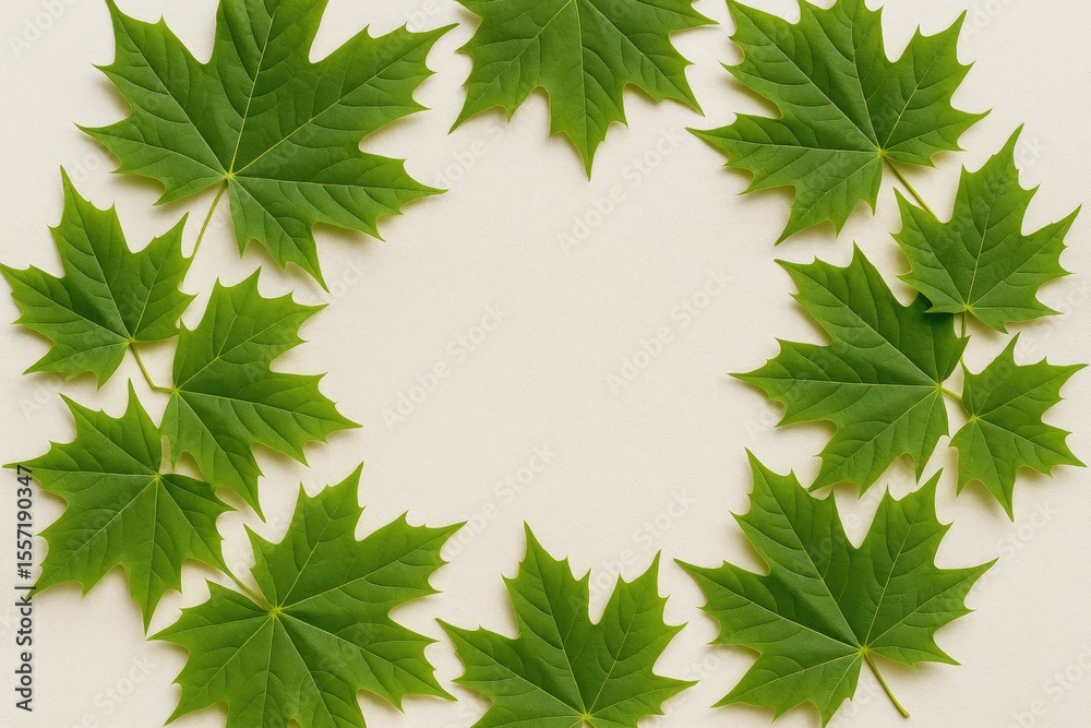 Poster circular arrangement of vibrant green maple leaves with open space for text. autumn scenery backdrop