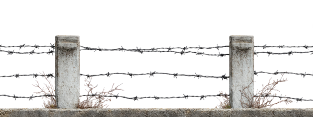 Aged rusty barbed wire fence on weathered concrete posts