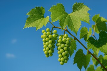 Vivid green grapevine leaves set against a clear blue sky