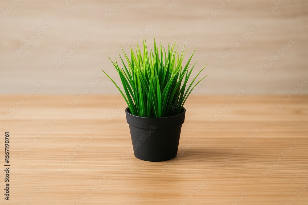 Poster lush grass growing in a container placed on a surface