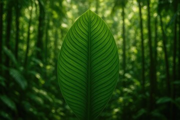 Lush jungle scene featuring a vibrant green leaf