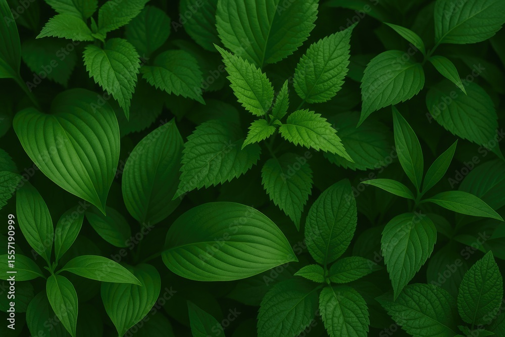 Poster close-up of vibrant green foliage highlighting intricate textures and color variations
