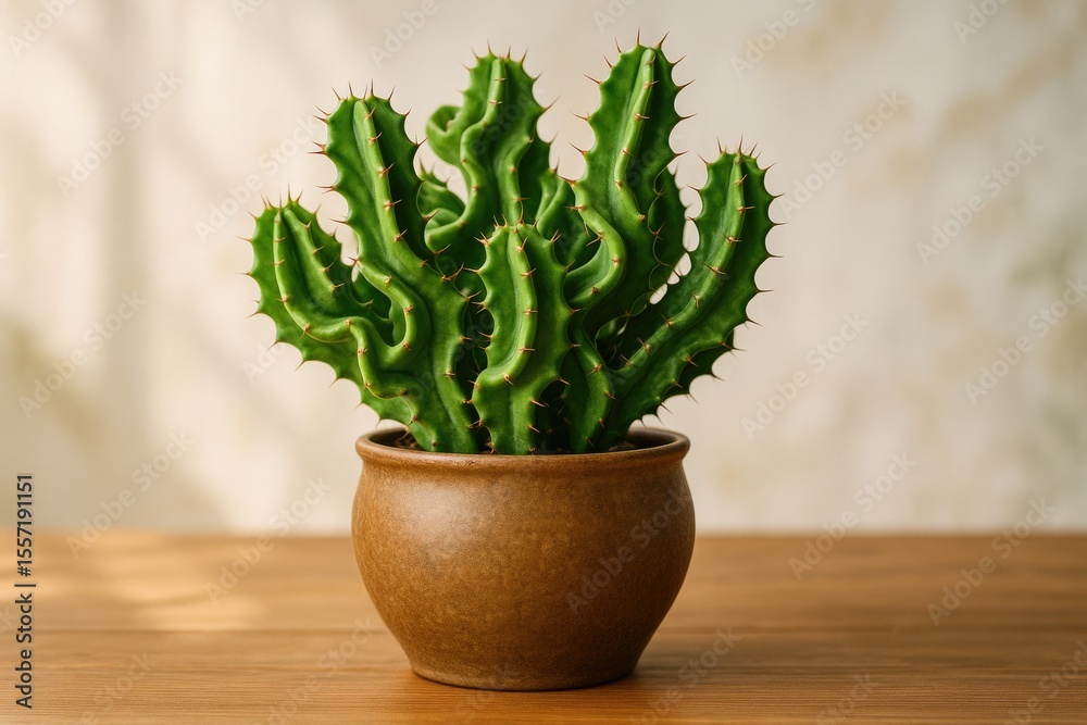 Poster lush cactus planted in a brown container placed on a table illuminated by natural sunlight with a so