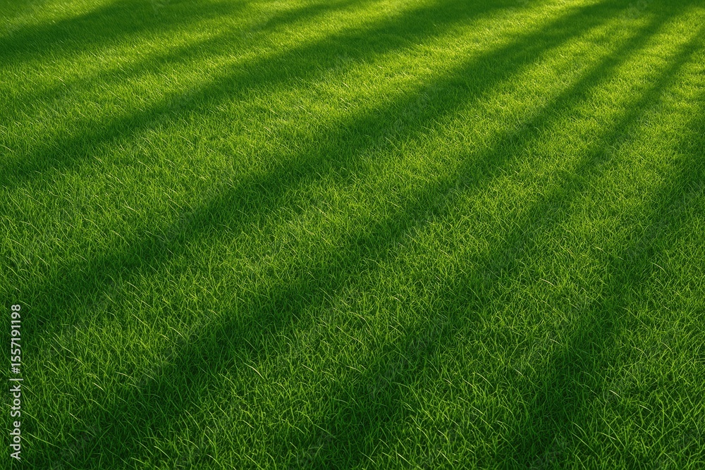 Poster Lush green field illuminated by sunlight with shadow patterns