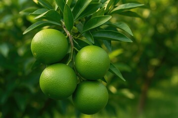 Vivid green oranges growing on a branch of a fruit tree
