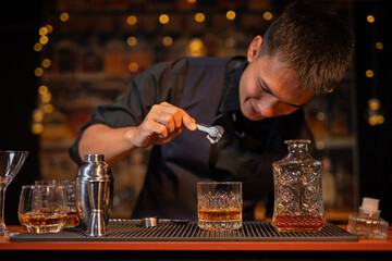 Professional male bartender preparing alcoholic drinks in a bar