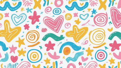 Fun and Whimsical Abstract Pattern with Hearts Stars and Spirals on White