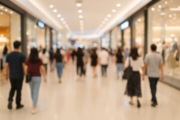 Shoppers at a mall during the weekend with a blurred crowd in the background