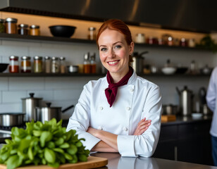 Portrait of a young European female chef smiling confidently at the camera while posing in a stylish professional restaurant kitchen. Concept of culinary expertise and chef lifestyle.