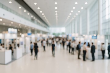 Blurred view of exhibition booth in a spacious and contemporary hall for background